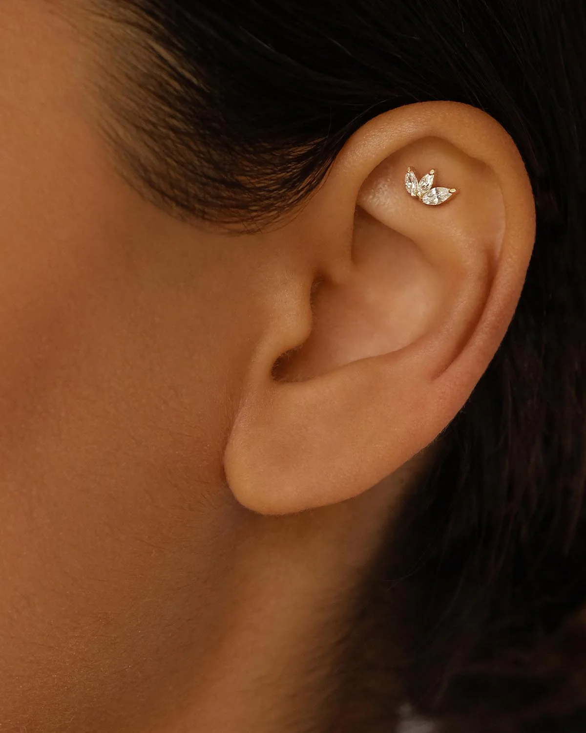 14k Solid Gold Blooming Lotus Crystal Cartilage Earring - Image 2