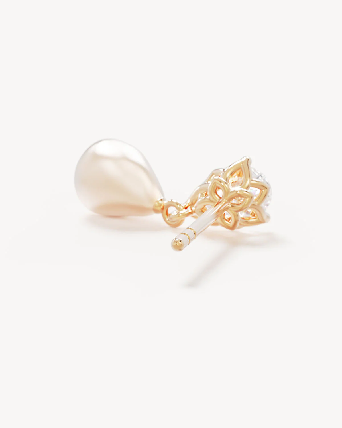 14k Solid Gold Moonlit Lotus Lab-Grown Diamond Pearl Drop Earring - Image 4