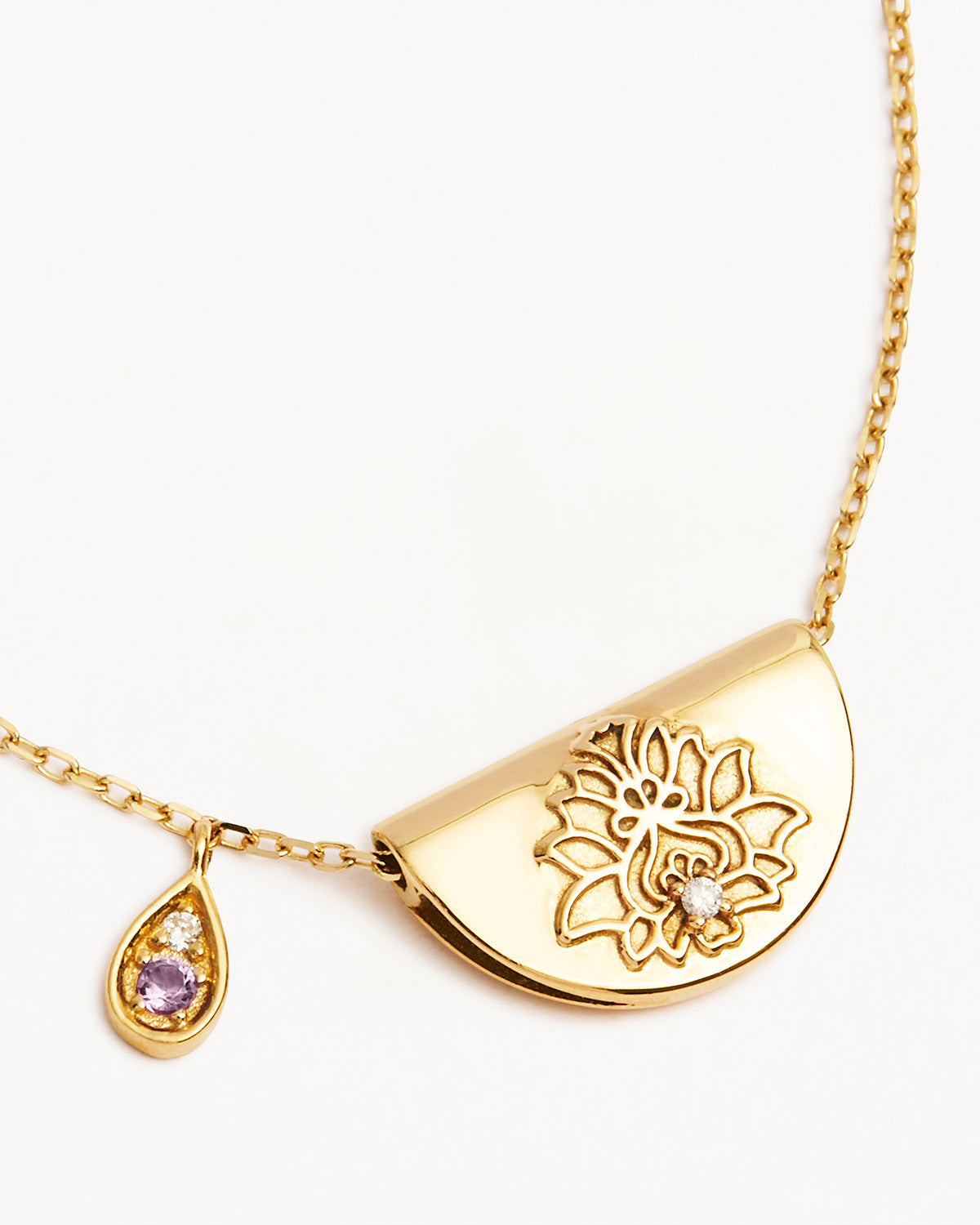 14k Solid Gold Lotus Birthstone Diamond Necklace - February - Amethyst - Image 3