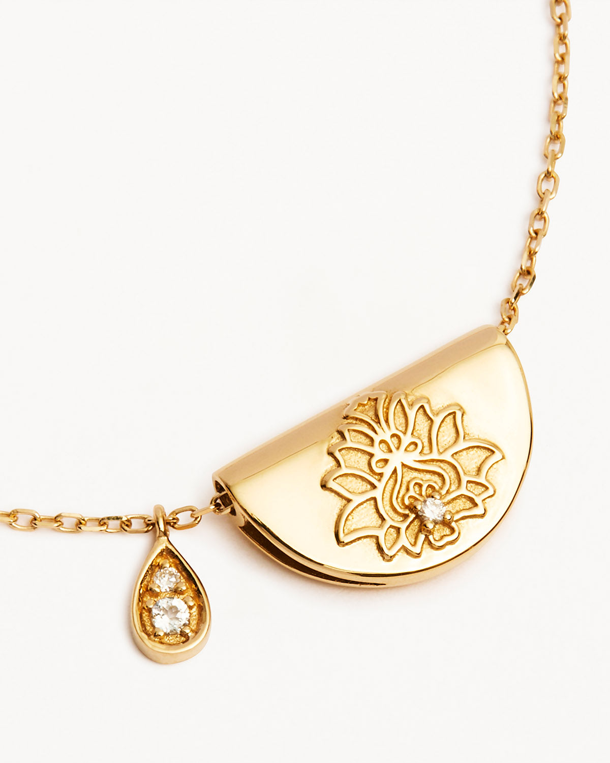 9k Solid Gold Lotus Birthstone Lab-Grown Diamond Necklace - April - White Topaz - Image 4
