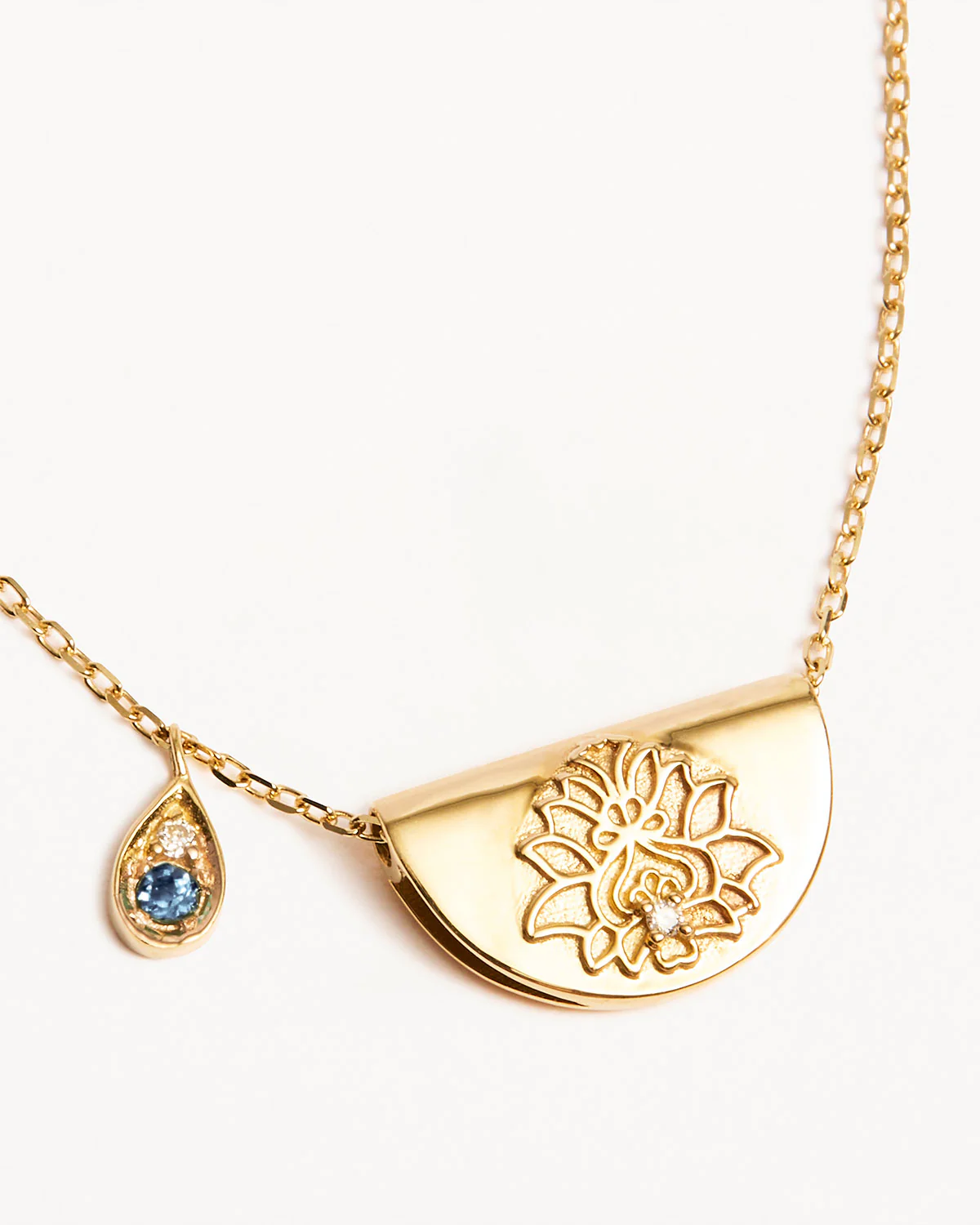 14k Solid Gold Lotus Birthstone Diamond Necklace - December - Blue Topaz - Image 3