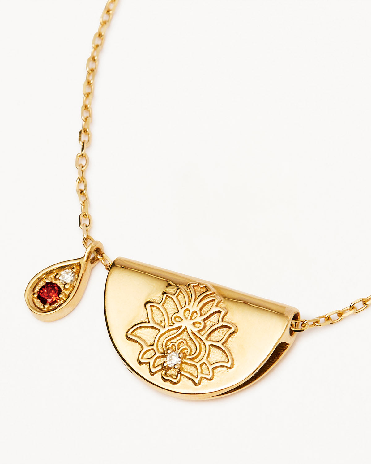 14k Solid Gold Lotus Birthstone Diamond Necklace - January - Garnet - Image 3