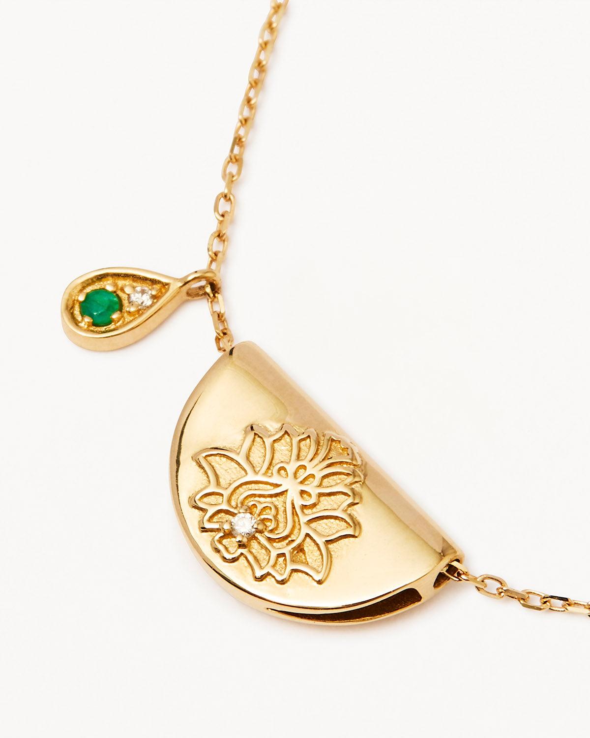14k Solid Gold Lotus Birthstone Diamond Necklace - May - Emerald - Image 3