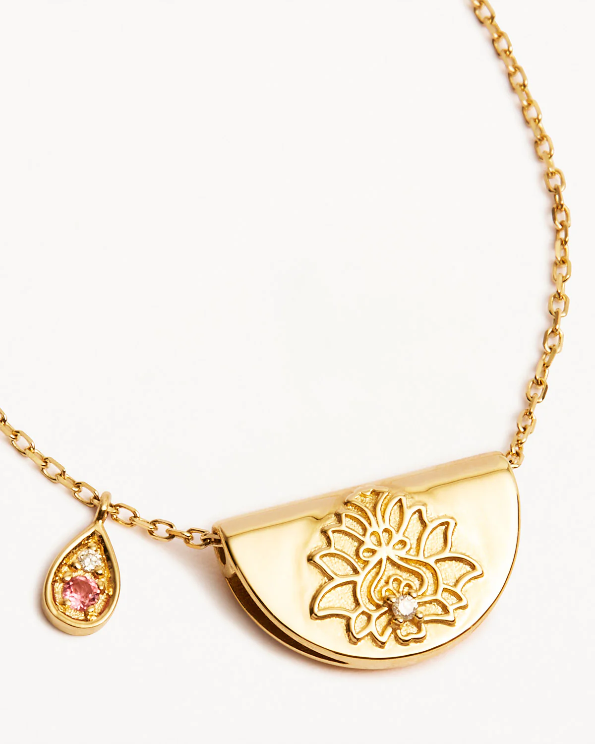 14k Solid Gold Lotus Birthstone Diamond Necklace - October - Pink Tourmaline - Image 3