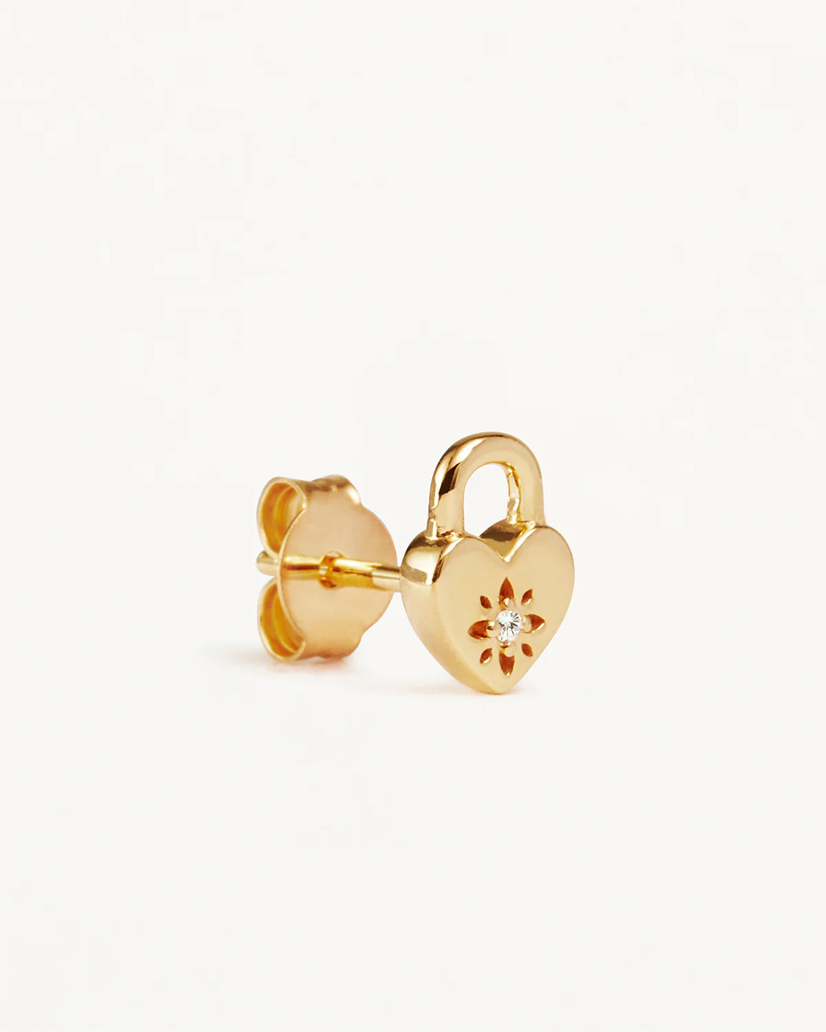 18k Gold Vermeil Crystal Lotus Heart Padlock Stud Earrings - Image 3