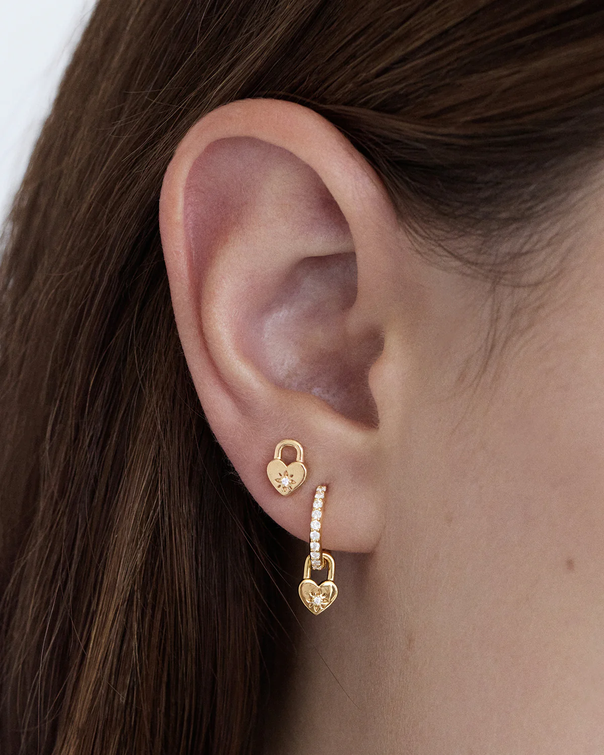 18k Gold Vermeil Crystal Lotus Heart Padlock Stud Earrings - Image 4
