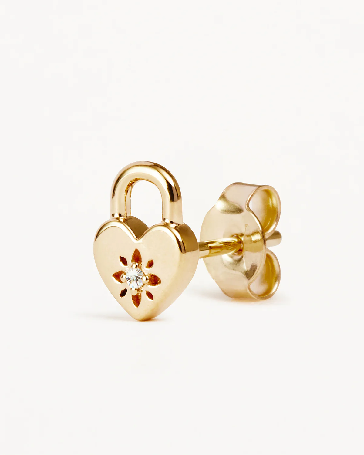 9k Solid Gold Lab-Grown Diamond Lotus Heart Padlock Stud Earring - Image 3