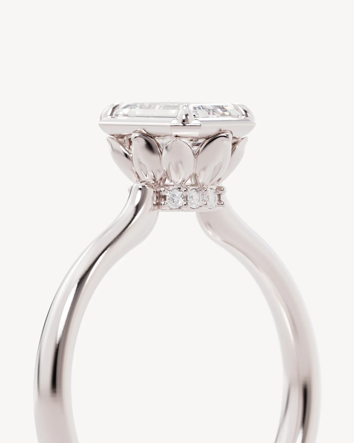 18k Solid White Gold Hidden Lotus Engagement Ring - Emerald - Image 3