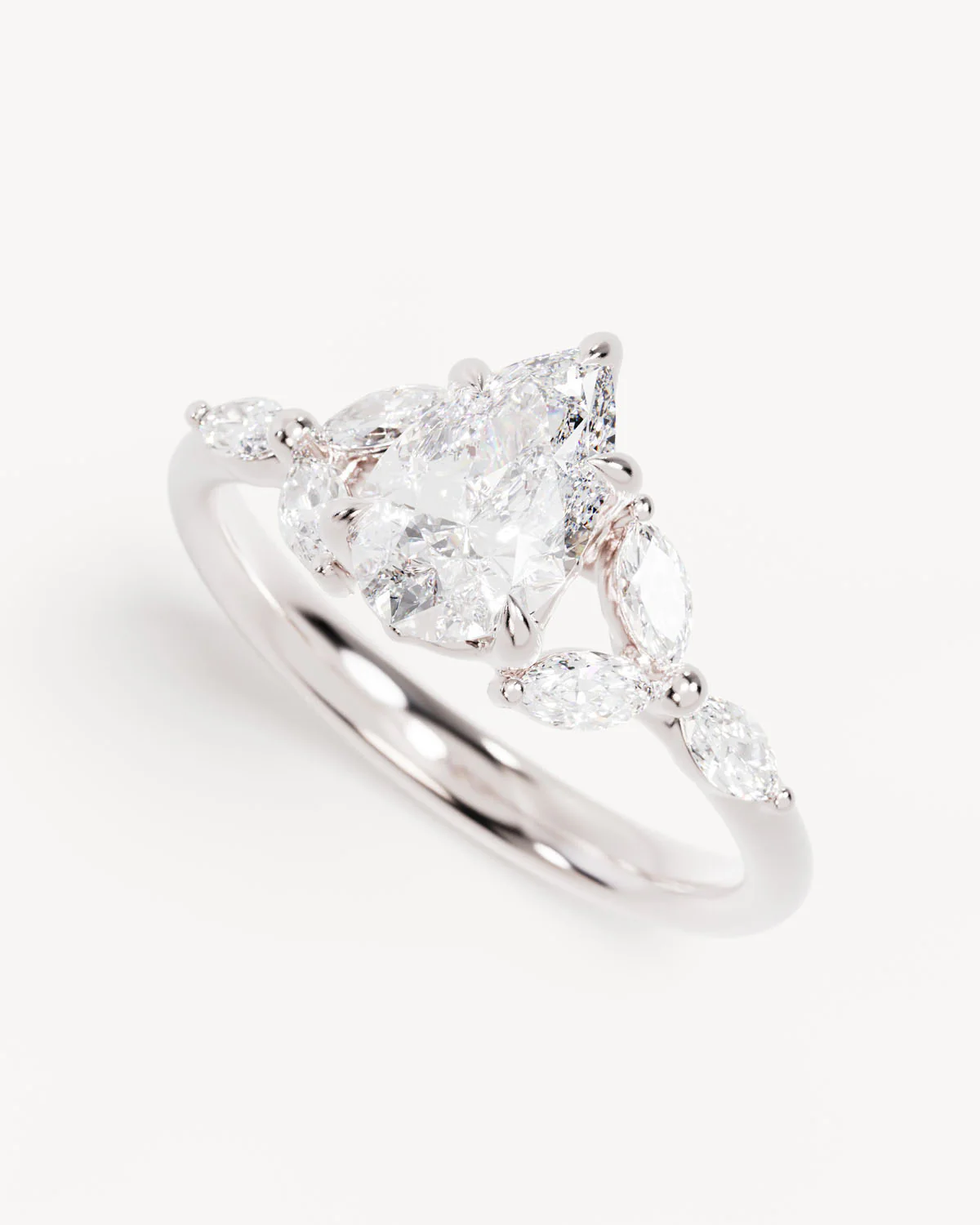 18k Solid White Gold Lotus Bloom Engagement Ring - Pear - Image 5