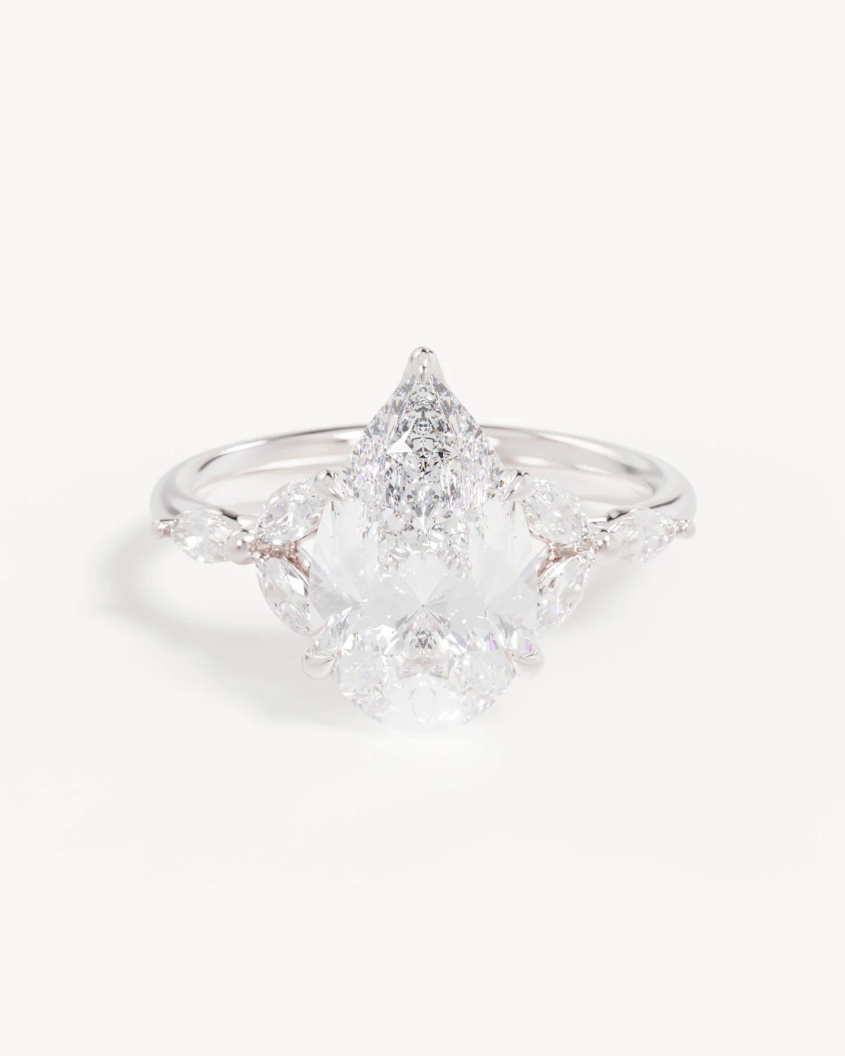 18k Solid White Gold Lotus Bloom Engagement Ring - Pear 3ct