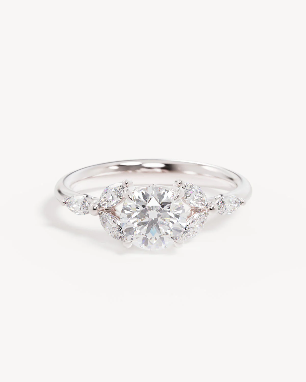 18k Solid White Gold Lotus Bloom Engagement Ring - Round