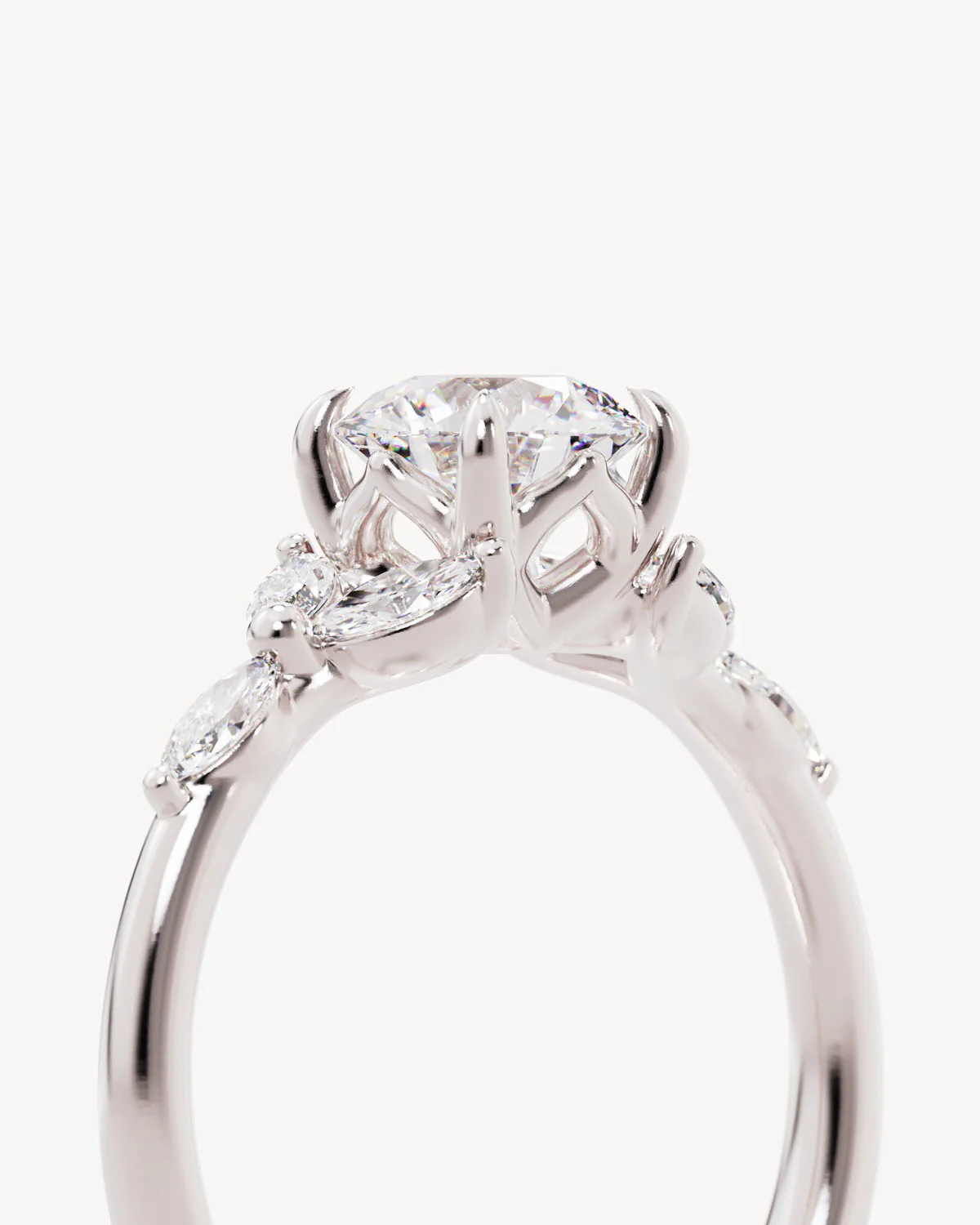 18k Solid White Gold Lotus Bloom Engagement Ring - Round - Image 3