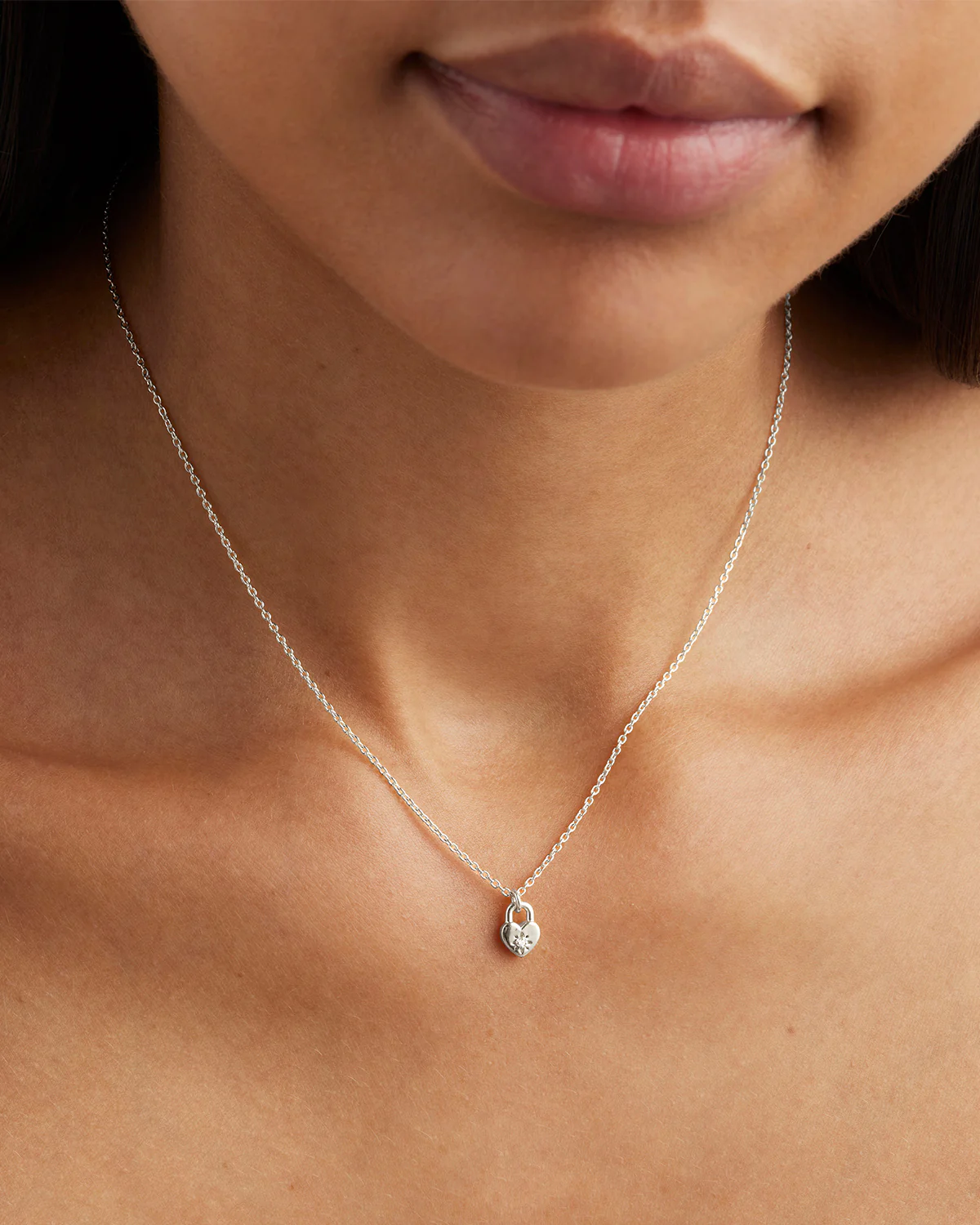 Sterling Silver Crystal Lotus Heart Padlock Necklace - Image 2