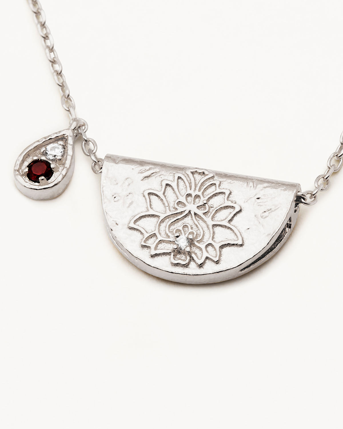Sterling Silver Lotus Birthstone Necklace - January - Garnet - Image 3