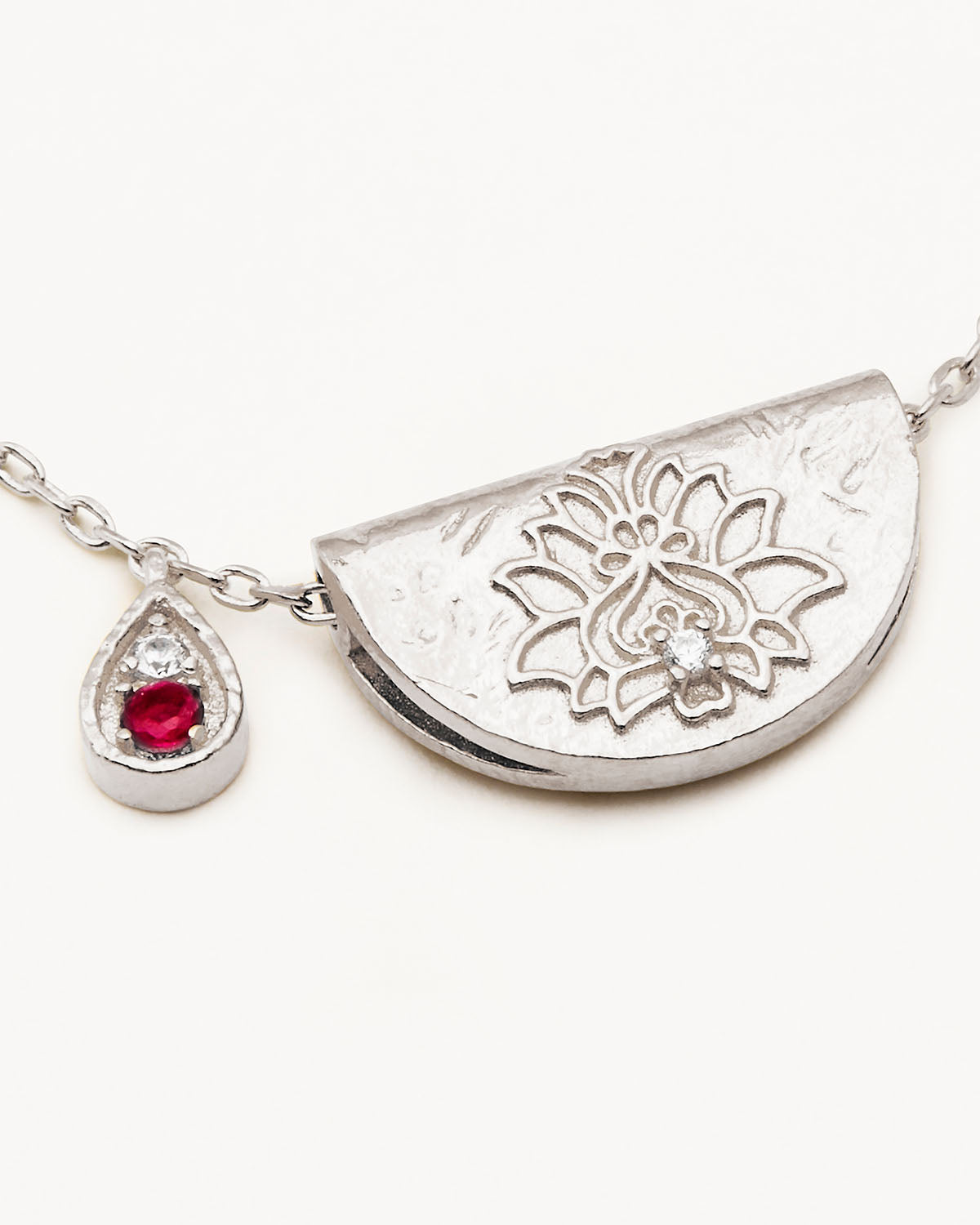Sterling Silver Lotus Birthstone Necklace - July - Ruby - Image 3