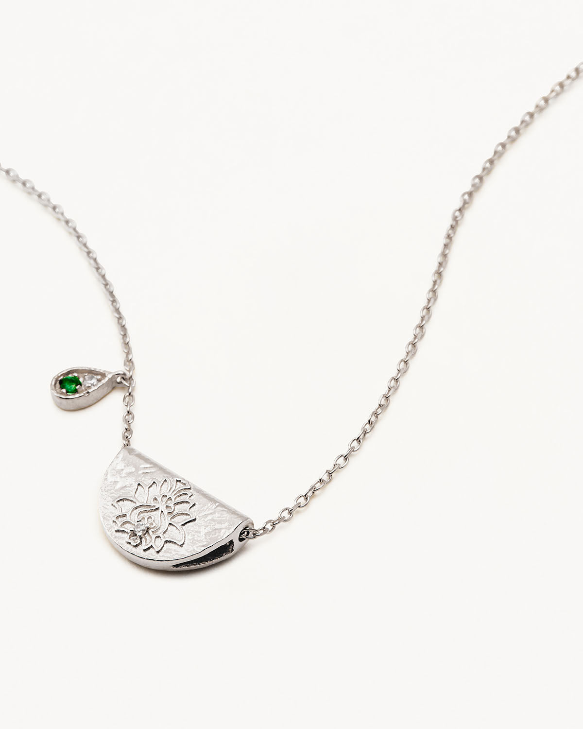 Sterling Silver Lotus Birthstone Necklace - May - Emerald